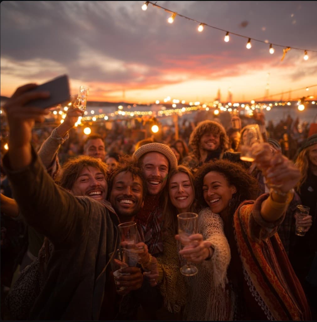 Friends taking a group selfie at a festival